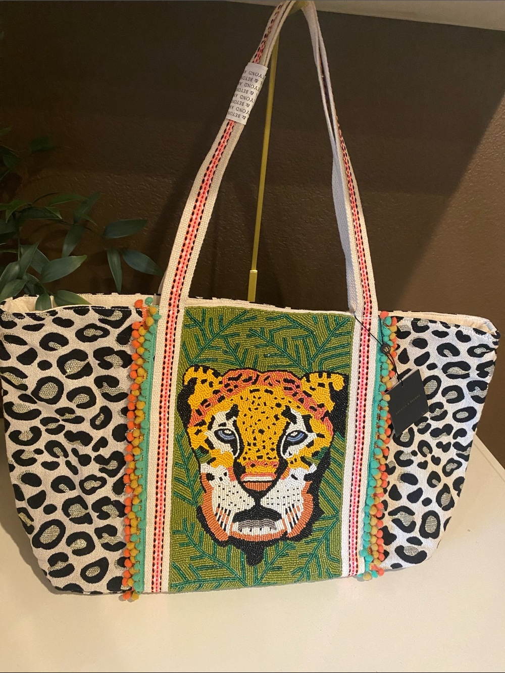 Tjmaxx Beaded Leopard Embroidered Tote Bag